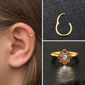 Brinco de opala em aço cirúrgico, brinco tragus, argola clicker, clicker hélice frontal, piercing tragus, anel de concha, anel de cartilagem