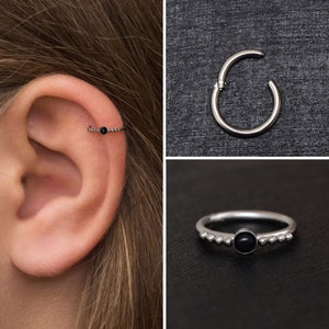 Surgical Steel Tragus Earring Hoop, Onyx Cartilage Piercing, Rook Piercing, Forward Helix Piercing, Conch Piercing, Rook Clicker Hoop