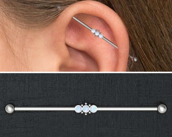 Titanium Industrial Barbell 14g, Implant Grade Straight Barbell Piercing, Opal Industrial Piercing Jewelry, Scaffold Earring