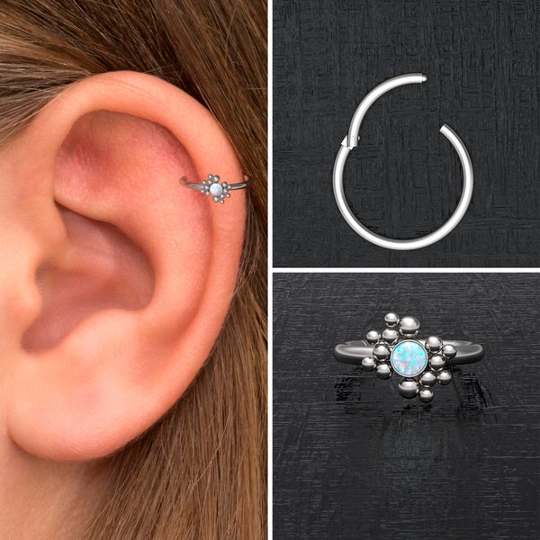 Surgical Steel Conch Piercing, Opal Tragus Hoop, Cartilage Hoop Earring, Forward Helix Ring, Rook Clicker, Clicker Hoop, Tragus Ring