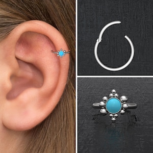 Forward Helix Earring Surgical Steel, Turquoise Tragus Earring, Cartilage Ring, Tragus Clicker Earring, Rook Earring Hoop, Conch Earring