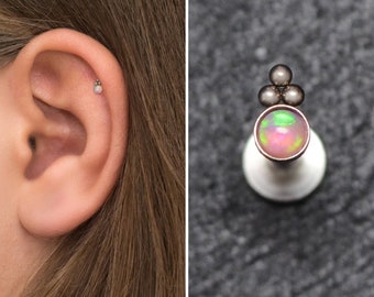 Titanium Flat Back Tragus Earring Opal, Implant Grade Cartilage Earring, Labret Stud, Forward Helix Earring, Conch Jewelry, Labret Ring