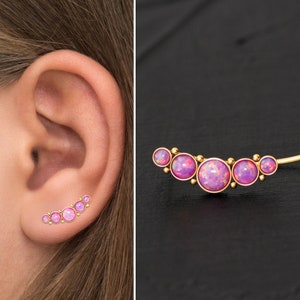 Opal Ear Climber Earrings Surgical Steel, Ear Crawler Earrings, Ear Pin Earrings, Climbing Ear Cuff Earrings, Curved Earring, Ear Sweep