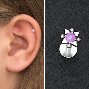 Opal Tragus Earring Surgical Steel, Flat Back Cartilage Earring Stud, Conch Stud, Forward Helix Jewelry, Tragus Ring, Labret Piercing