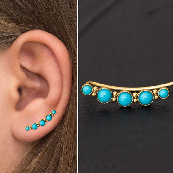 Surgical Steel Ear Crawler Turquoise, Ear Sweep, Ear Vine, Ear Climber Earrings, Ear Pin Earrings, Climbing Ear Cuff Earrings Curved Earring