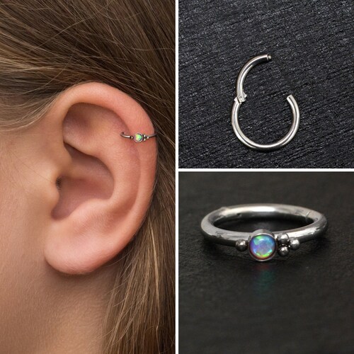 Titan Tragus örhänge, Opal broskpiercing, Rookpiercing implantatkvalitet, Forward Helix piercing, Conch piercing, Clicker Hoop