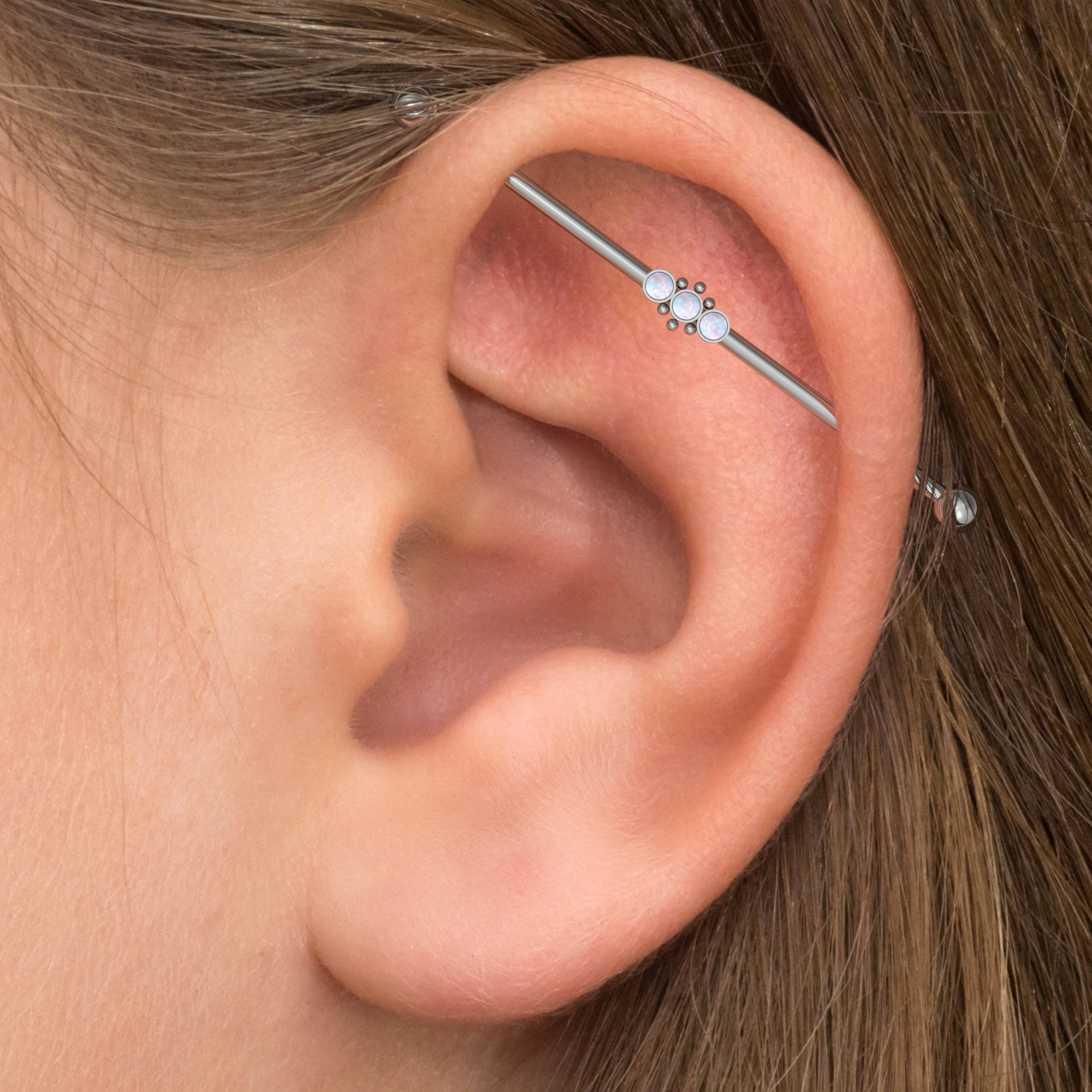Titanium Industrial Barbell 14g, Implant Grade Straight Barbell Piercing, Opal Industrial Piercing Jewelry, Scaffold Earring