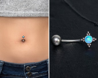 Navel Ring Surgical Steel, Opal Belly Button Piercing, Navel Stud, Curved Barbell Ring, Belly Bar, Body Piercing Jewelry 16g 14g