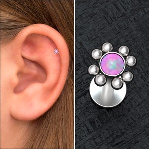 Opal Tragus Stud Surgical Steel, Tragus Ring, Forward Helix Piercing, Conch Stud, Labret Piercing, Flat Back Cartilage Earring Stud