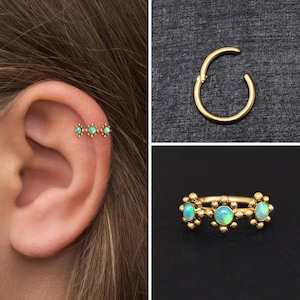 Opal Tragus Jewelry, Surgical Steel Cartilage Earring Hoop, Conch Earring, Forward Helix Earring, Rook Ring, Cartilage Clicker Ring
