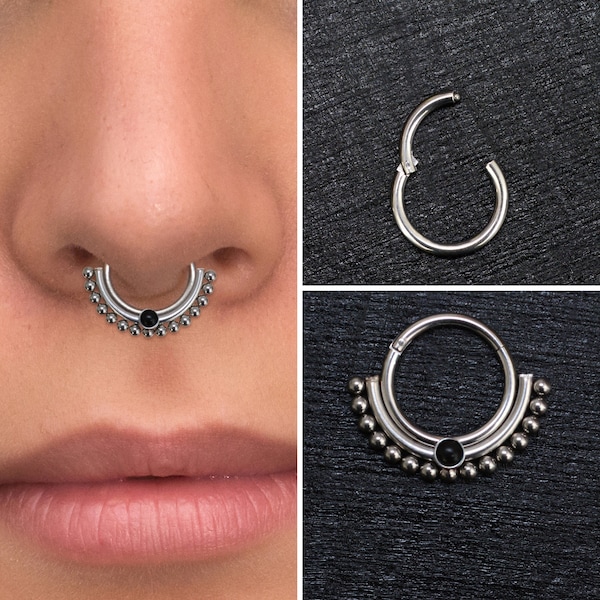 Onyx Septum Hoop Titanium Implant Grade, Daith Piercing, Septum Ring, Daith Earring, Septum Clicker Hoop, Daith Clicker Earring