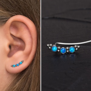 Climber Earrings Surgical Steel, Climbing Ear Cuff Earrings, Opal Ear Crawler Earrings, Up The Ear Earrings Curved Studs, Vine Earrings