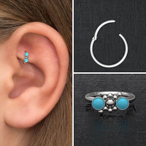 Forward Helix Earring Surgical Steel, Turquoise Tragus Earring, Cartilage Ring, Tragus Clicker Earring, Rook Earring Hoop, Conch Earring