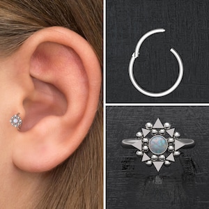 Forward Helix Earring Surgical Steel, Opal Tragus Earring, Cartilage Ring, Tragus Clicker Earring, Rook Earring Hoop, Conch Earring