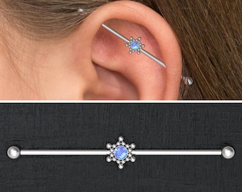 Opal Industrial Barbell Surgical Steel, Scaffold Earring, Industrial Jewelry 14g, Straight Barbell Jewelry, Industrial Piercing
