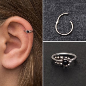 Cartilage Earring Hoop Surgical Steel, Onyx Forward Helix Earring, Rook Piercing, Conch Jewelry, Tragus Piercing, Conch Clicker Ring