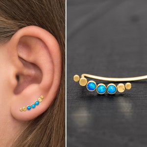 Climber Earrings Surgical Steel, Climbing Ear Cuff Earrings, Opal Ear Crawler Earrings, Up The Ear Earrings Curved Studs, Vine Earrings