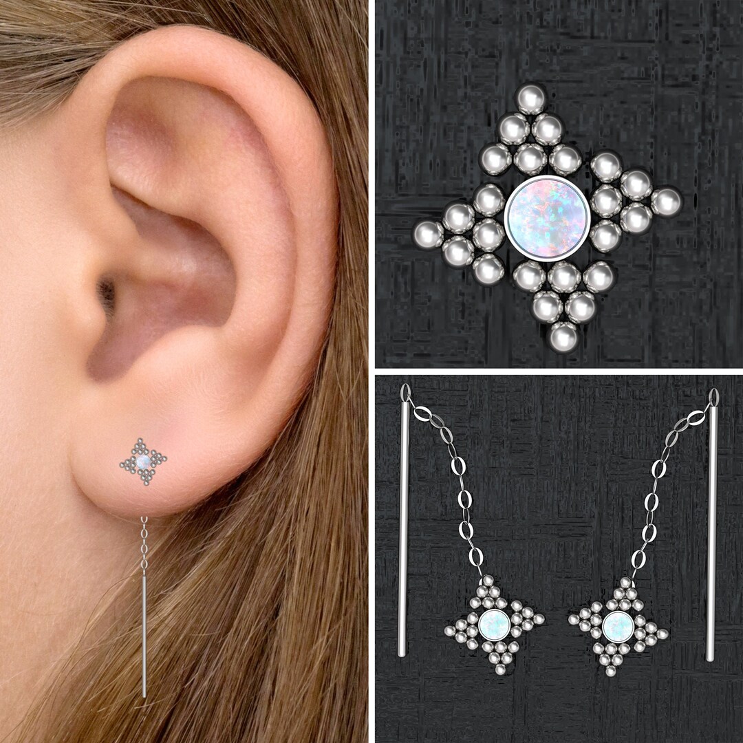 Ear Threader Earrings Opal, Drop Chain Earrings, Drop Dangle Earrings ...