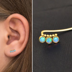 Opal Ear Climber Earrings Surgical Steel, Ear Crawler Earrings, Ear Pin Earrings, Climbing Ear Cuff Earrings, Curved Earring, Ear Sweep