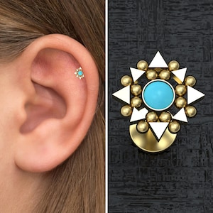 Turquoise Tragus Stud Surgical Steel, Tragus Ring, Forward Helix Piercing, Conch Stud, Labret Piercing, Flat Back Cartilage Earring Stud