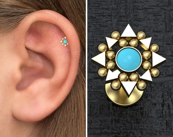 Turquoise Tragus Stud Surgical Steel, Tragus Ring, Forward Helix Piercing, Conch Stud, Labret Piercing, Flat Back Cartilage Earring Stud