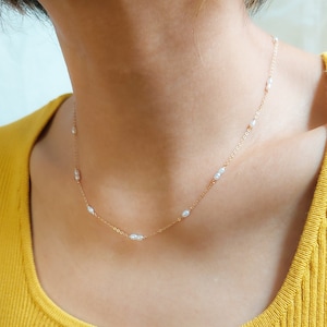 Beaded Pearl Station Necklace, Dainty Tiny Pearl Satellite Necklace, Small Pearl Choker, Layering Pearl Necklace, Mini Pearl Necklace
