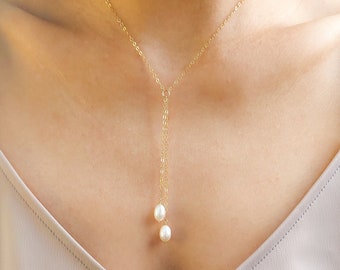 Bridal Pearl Necklace, Real Pearl Lariat Necklace, Two Pearl Necklace, Dainty White Pearl Necklace, Gold Pearl Necklace, Bridesmaid Jewelry