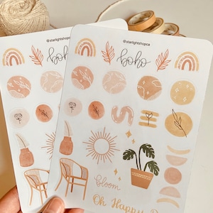 Feuille d'autocollants Boho Bujo - Art bohème, art botanique, autocollants abstraits