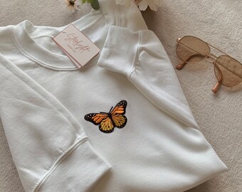 Embroidered Monarch Butterfly Appliqué Crewneck | Heavy Cotton, Unisex Crewneck, Butterfly Sweater, WHITE/BLACK Crewneck, Sweater