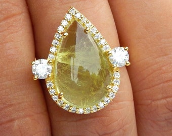 Heliodor Pear Halo Ring: Sterling Silver Yellow Beryl Statement Ring