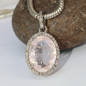 Natural Morganite and Genuine Diamonds Halo Pendant Necklace in 925 Sterling Silver, padparadscha Sapphire, Peach Mothers Day Gift