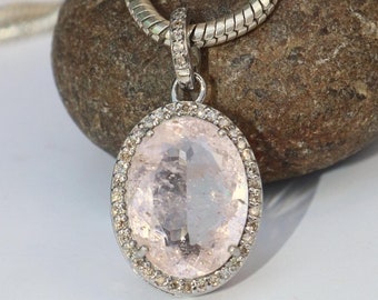Morganite & Diamond Halo Pendant Necklace: 925 Sterling Silver