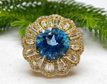 Swiss Blue Topaz Vintage Ring, 925 Sterling Silver, moissanite , Cocktail Valentines Gift