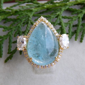 Aquamarine Pear Halo Ring: Sterling Silver, Moissanite Accent