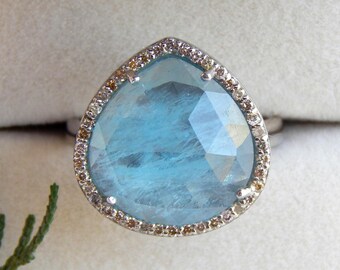 Pear Cut Aquamarine Ring: Sterling Silver Diamond Halo, March Birthstone