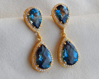 Natural London Blue Topaz Earrings, Handmade 925 Sterling Silver, Gold Diamond Halo Teardrop earrings, Mothers Day gift, Statement Earrings