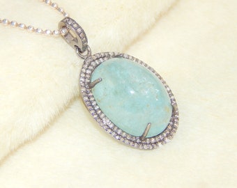 Aquamarine Pendant Necklace: Diamond Halo, Sterling Silver Art Deco Gemstone