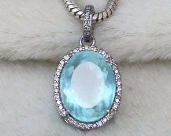 Aquamarine & Moissanite Halo Pendant: Sterling Silver Gemstone Necklace