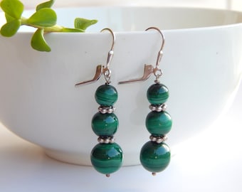 Natural Malachite Green Dangle Earrings 925 Sterling Silver, Graduating Malachite ball Earrings gift for mom Drop Earrings, Birthday Gift