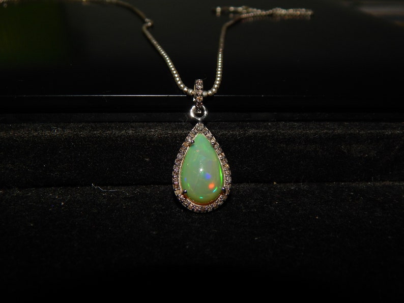 Fire Opal Pendant Necklace Halo with Natural Diamonds Minimal Pendant 925 Sterling Silver Valentine Gift for her Teardrop minimalist Pendant