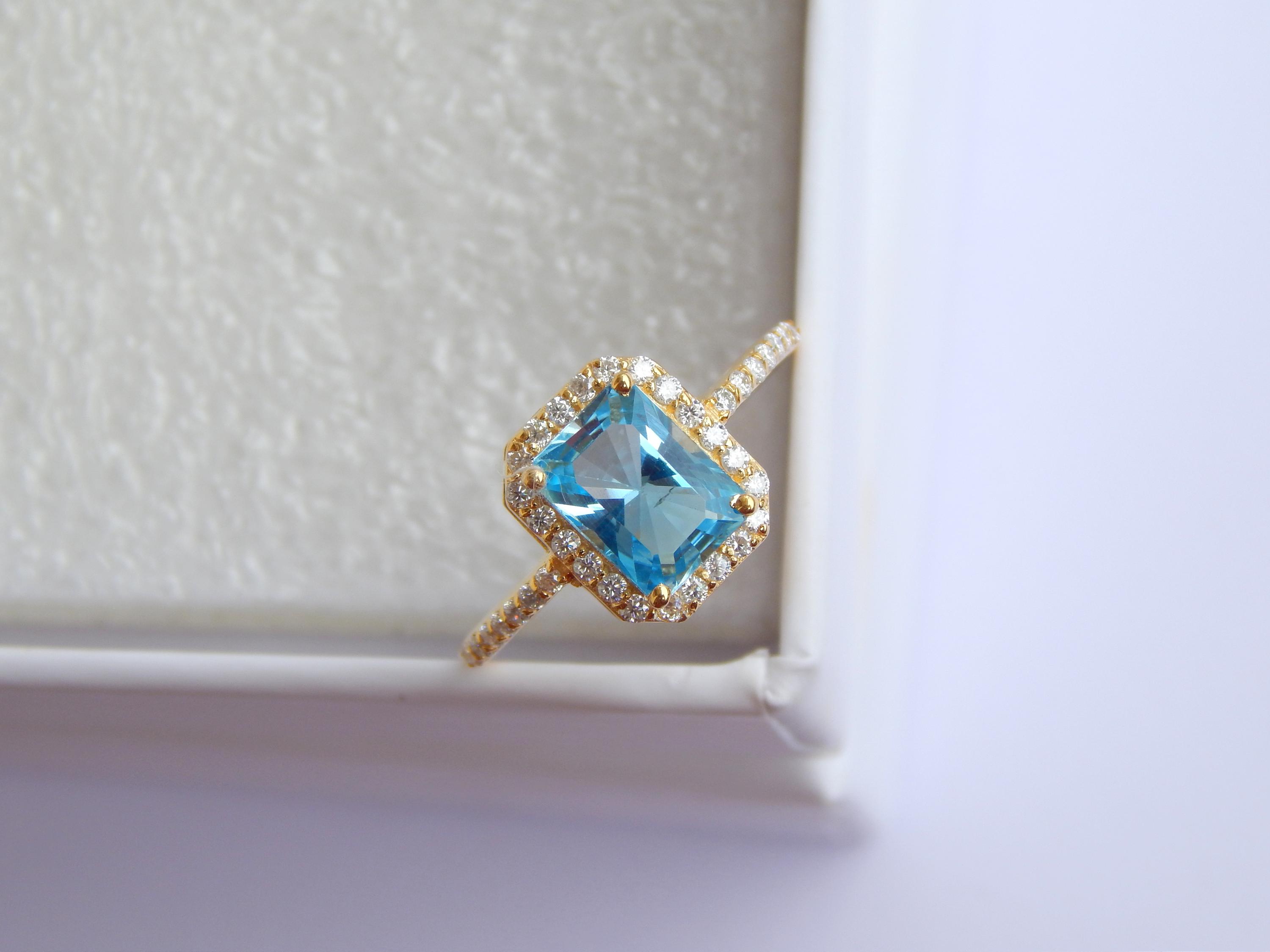 Swiss Blue Topaz Ring 14k Yellow Gold Natural Radiant Cut Topaz Ring Proposal Ring Vintage Style Ring Moissanite Ring For Her