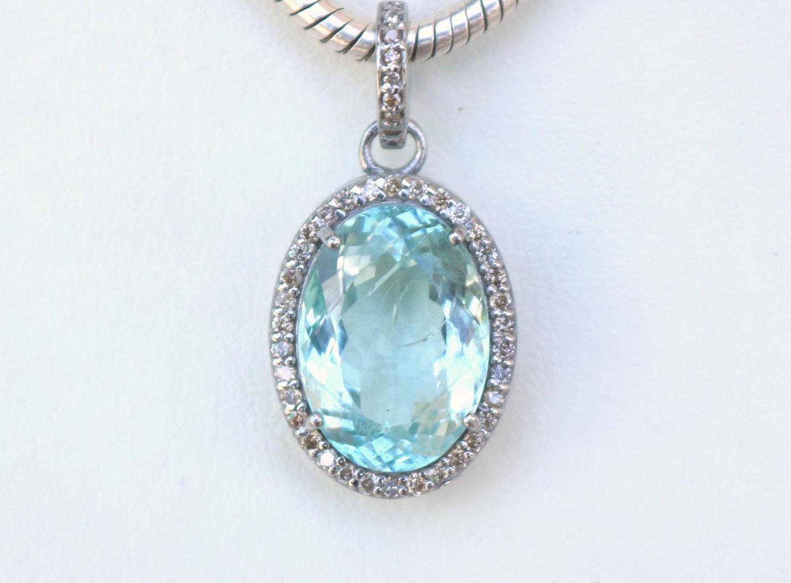 Aquamarine Pendant, 8*5 mm large blue gemstone & diamonds halo pendant necklace 925 sterling silver, Engagement, Mothers Day Gift for her