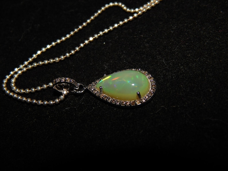 Fire Opal Pendant Necklace Halo with Natural Diamonds Minimal Pendant 925 Sterling Silver Valentine Gift for her Teardrop minimalist Pendant