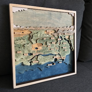 Carte de la vallée de Stardew, carte du jeu 3D, fan art, cadeau pour anniversaire, décoration murale, carte en bois, cadeau pour gamer
