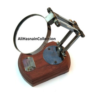 Antique Brass Magnifying Glass - Vintage Glass Desk Top on Wooden Stand & maritime collectible decor gift, Father&#39;s Day, Mother&#39;s Day Gift