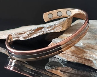 Women's Three Tone (Silver, Copper, Gold) Copper Cuff Bracelet. Ideal Gift for Her, Copper Bangle for Women, Gift Box and Free Gift Card