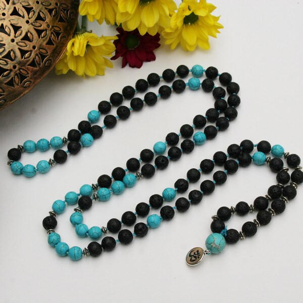 Black Lava & Turquoise 108 Méditation et Japa Mala | Perle de 10mm | Pendentif Aum Charm | Mala fait à la main et entièrement noué