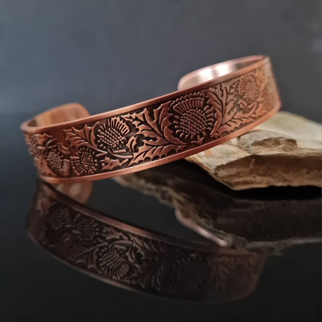 Mens Solid Copper Cuff Bracelet, Copper Scottish Thistle Design Ideal Gift for Him