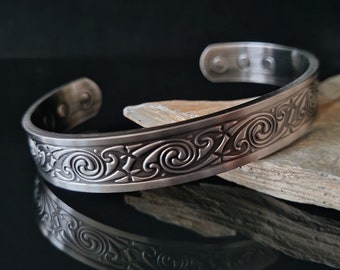 Mens Copper Bracelet, Solid Copper Celtic style Cuff Bracelet, Ideal Gift for Him, Silver  Finish  with Gift Box | With Free Gift Card