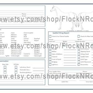 May include: A white printable saddle fitting report with sections for general information, confirmation, palpation examination, and saddle fitting report. Includes a line drawing of a horse. The Etsy shop URL is visible.